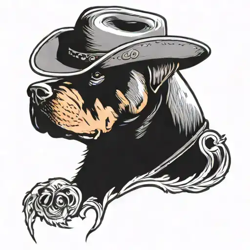 Old Rottweiler With Cowboy Hat Written 300 Front Profile