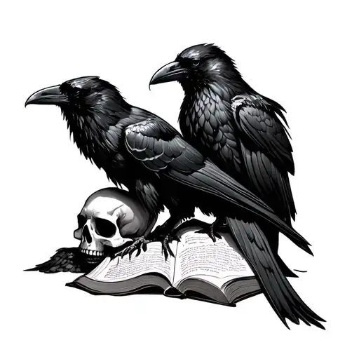Raven Sitting On Skull With A Book
