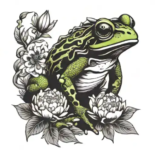 Frog Warrior In Forest With Peony And Other Forest Elements Like Leaves