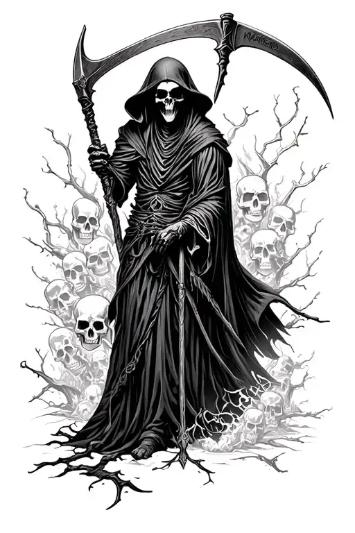Grim Reaper Holding A Scythe With Skulls And A Dark Theme Sleeve