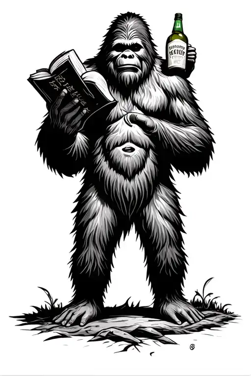 Sasquatch Holding A Bible In His Left Hand And A Bottle Of Booze In His Right