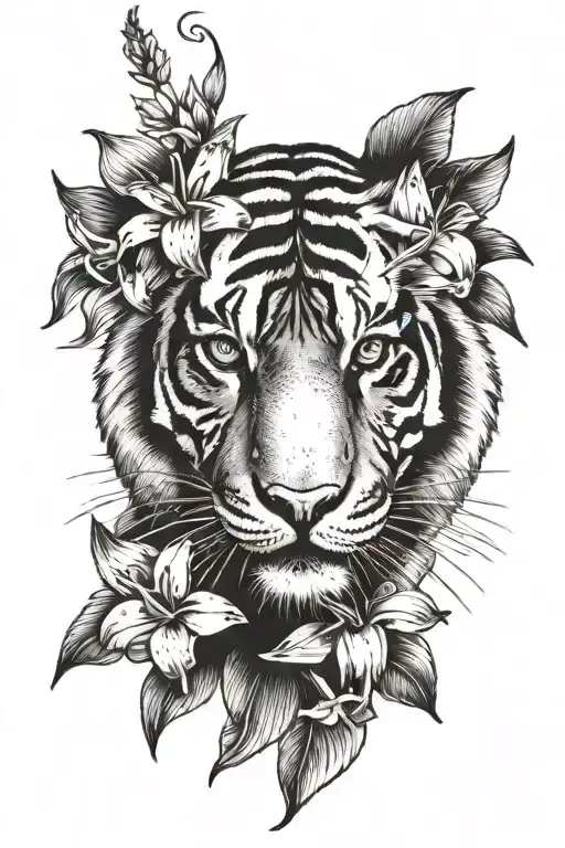 Tiger With Lillys Blossoming