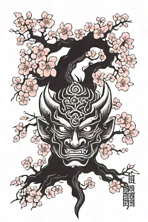 Oni Mask With Nordic Tree Of Life And Pink Sakura Blossoms