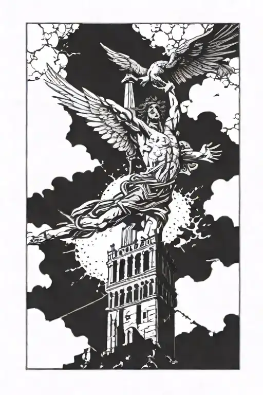 Icarus Falling From The Sky In Front Of Tower