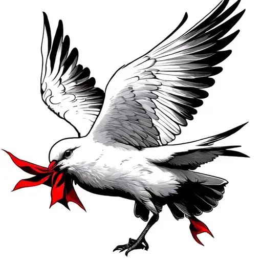Flying White Bird Holding Red Scarf In Its Beak