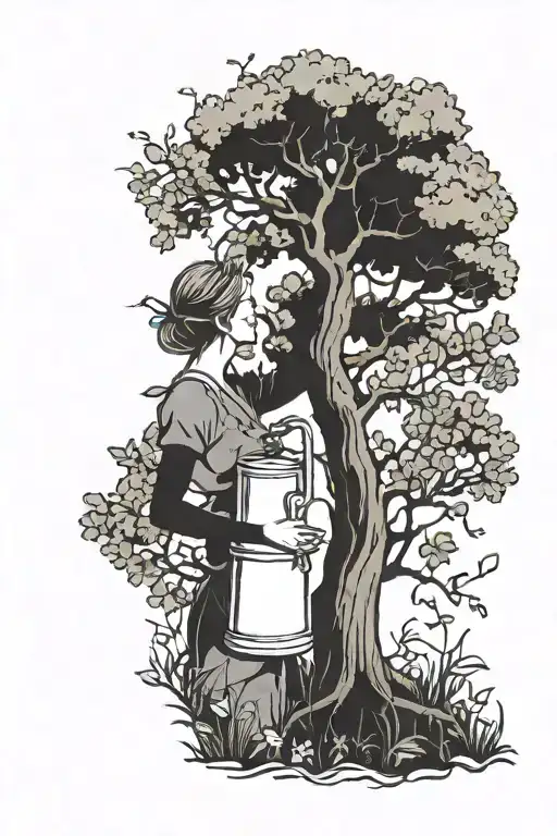Woman Watering An Oak Tree Growing