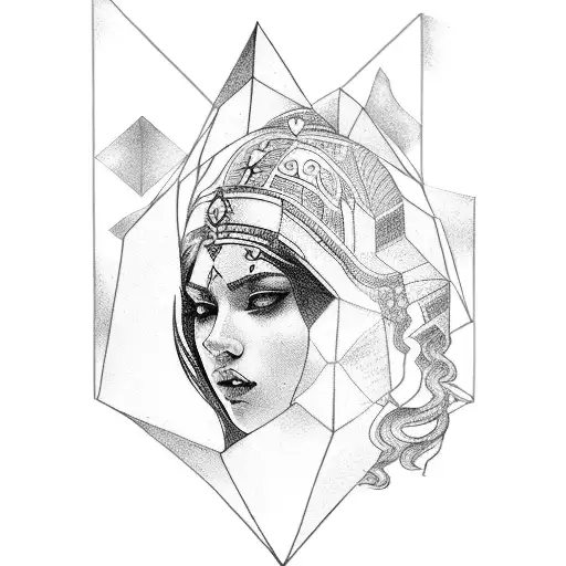 Black Linework Using Godess Of Justice With Geometric Forms And Others Greek Artefacts