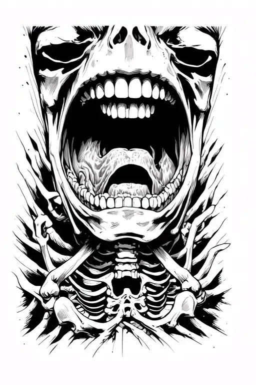 Gaping Human Mouth Wide Open With Skeleton Inside Forcing His Way Out