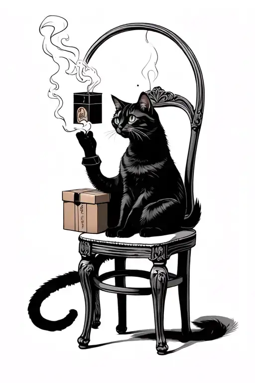 A Cat Siting On A Chair Smoking With A Long Tail And Boxes Gloves Hangged