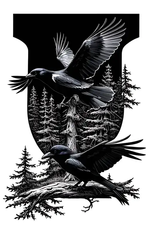 Forest Landscape With 2 Crows Flying