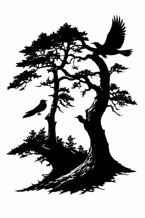 Forest Silhouette With 2 Birds Flying