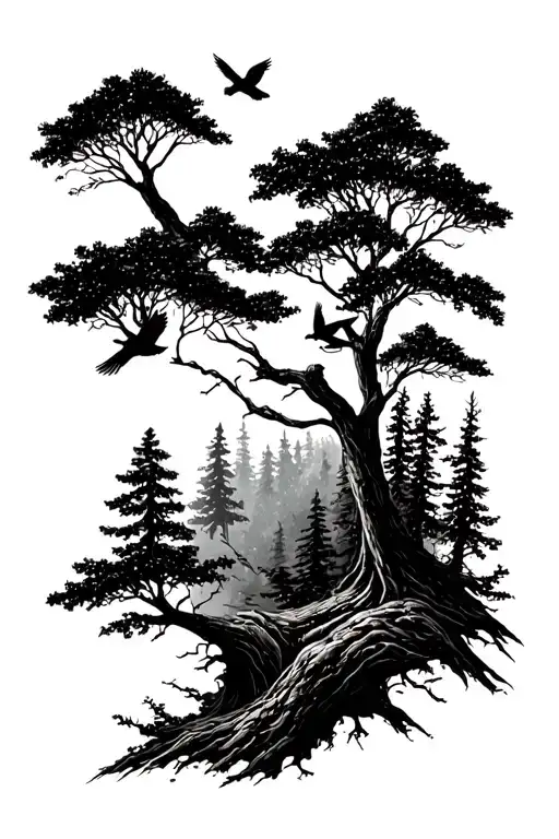 Forest Landscape With 2 Birds Flying