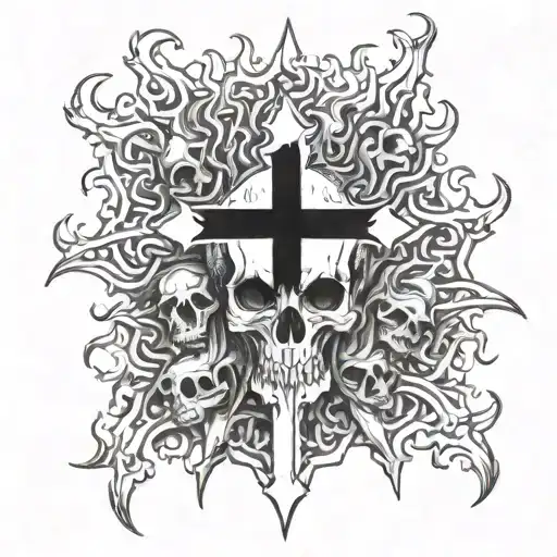 A Christian Cross Of Flames Stands On A Pile Of Skulls