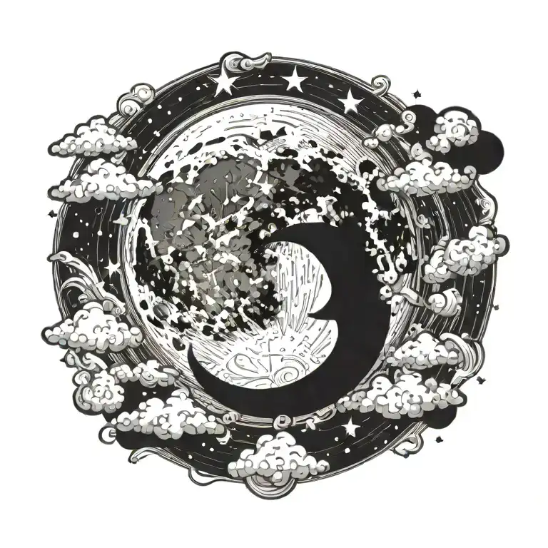 Moon In The Middle With Stars And Clouds