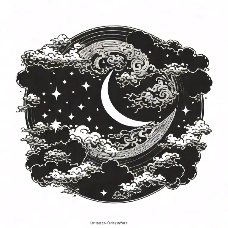 Moon In The Middle With Stars And Clouds