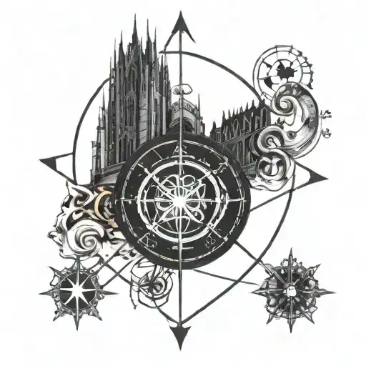 A Tattoo Design Combining Astrology Symbols With Gothic Architecture Elements