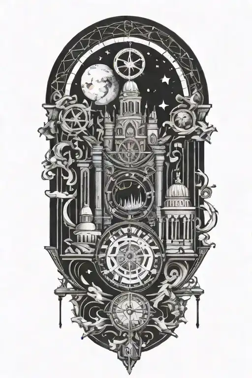 A Tattoo Design Combining Astrology Symbols With Gothic Architecture Elements