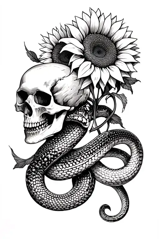 Snake Slithering Through Skulls And Sunflowers