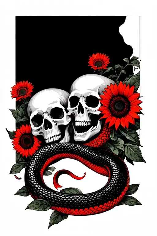 Black And Red Snake Slithering Through Skulls And Sunflowers