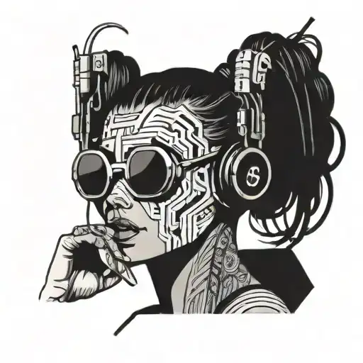 Cyberpunk Woman Tattoos Headphones Rave Music Cables Sexy Sunglasses