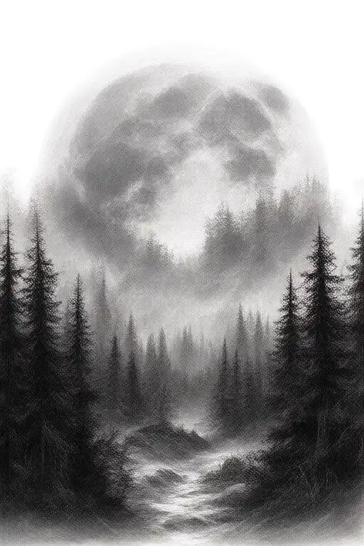 Massive Forest Landscape With Huge Moon In The Background