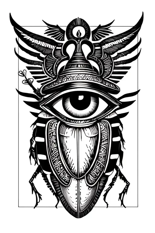 Eye Of Ra And Ankh And Scarab Beetle Flying