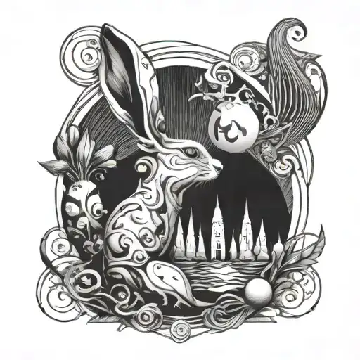 A Surrealistic Tattoo Featuring A Rabbit And Abstract Phallic Shapes In A Dreamlike Composition
