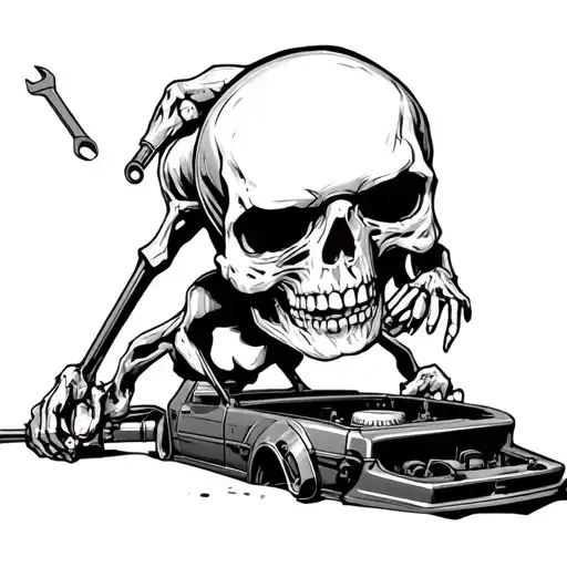 Skeleton Working On A Car Bent Over Into The Engine Bay Holding A Wrench