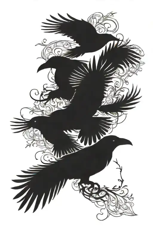 4 Crows Flying In Silhouette