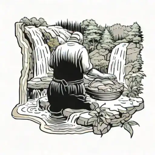 A Peaceful Scene Of A Baker Crafting A Loaf Of Bread Under A Waterfall In A Lush Forest
