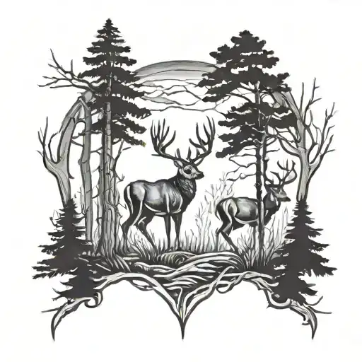 Cross And Whitetail Buck Standing In Woods
