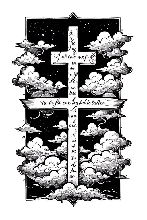 Poem In Cursive With A Cross And Some Clouds Filled In Around The Background