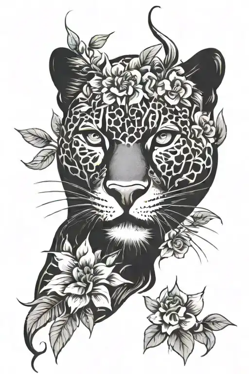 Panther Face With Flovers In Old School Style