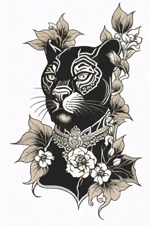 Black Panther Face With Flovers In Old School Style