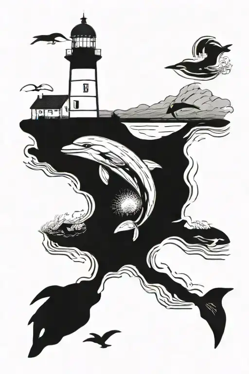 A Powerful Lighthouse Guiding A Pod Of Lost Dolphins To Safety