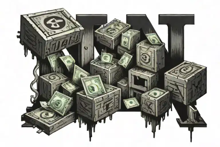 Mmf Letters With Buiilding Bricks Amd Crates Of Money In Backgroumd