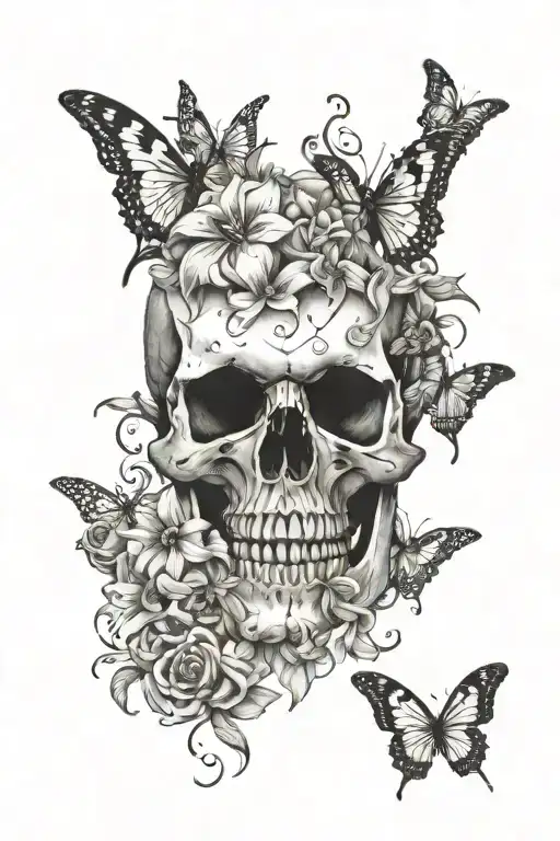 Skull With Lilys & Butterflys