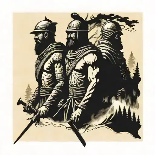 3 Russian Warriors From Different Eras Against The Backdrop Of A Forest Near A Fire
