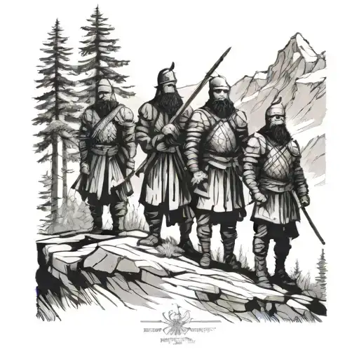 3 Russian Warriors Against The Backdrop Of A Forest In The Mountains