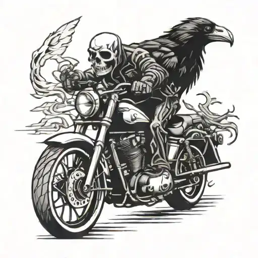 Motorcycle With Skeleton Riding And Crow Sitting On Its Head