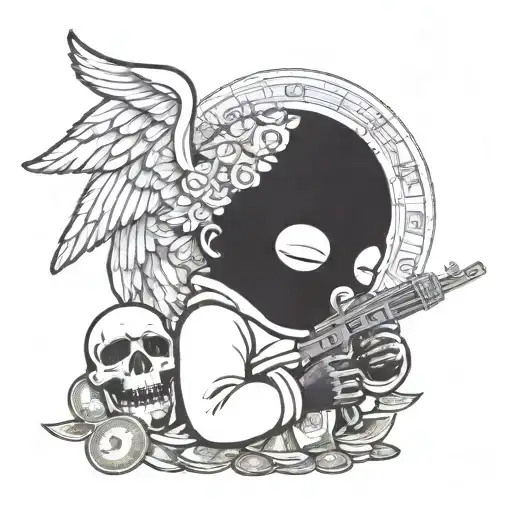 Baby Angel Wearing Skimask With Ak-47 Blowing Cloud Of Smoke From Bong With Money Stacks Around Him