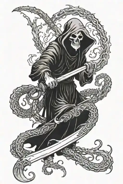 Grim Reaper Harpooning A Kraken