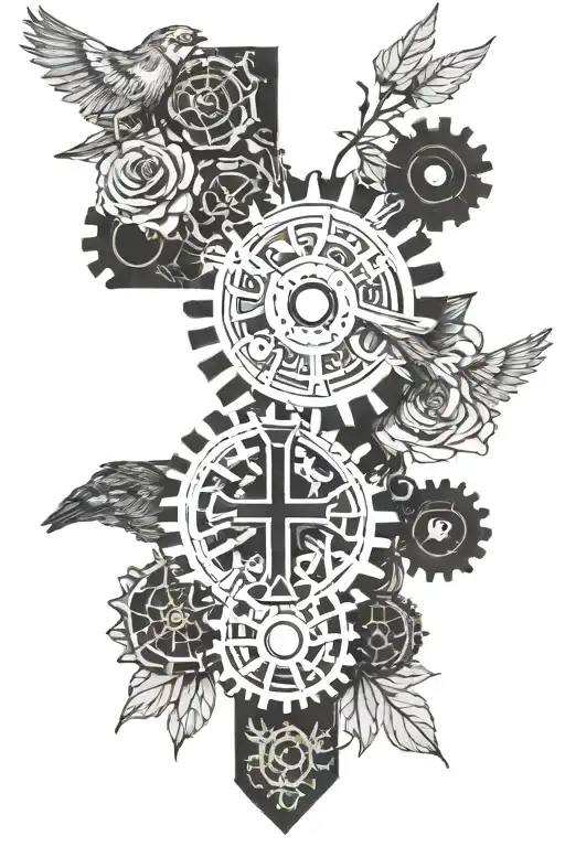 Gears Intertwined With Flowers A Cross And A Bird