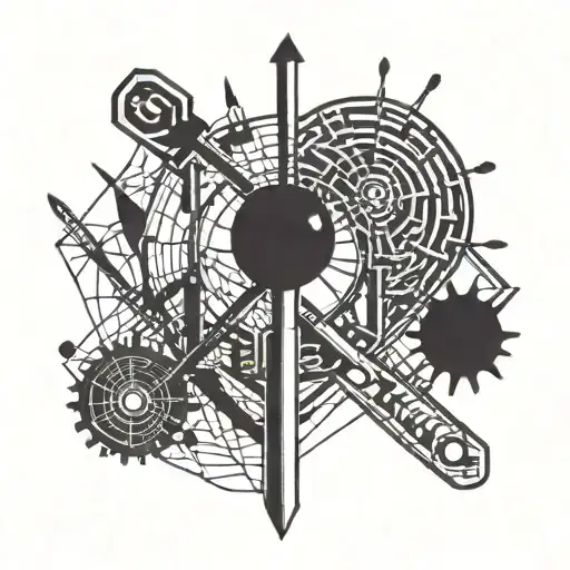 Combine A Musical Staff With Saw Blades And Nails In A Geometric Pattern