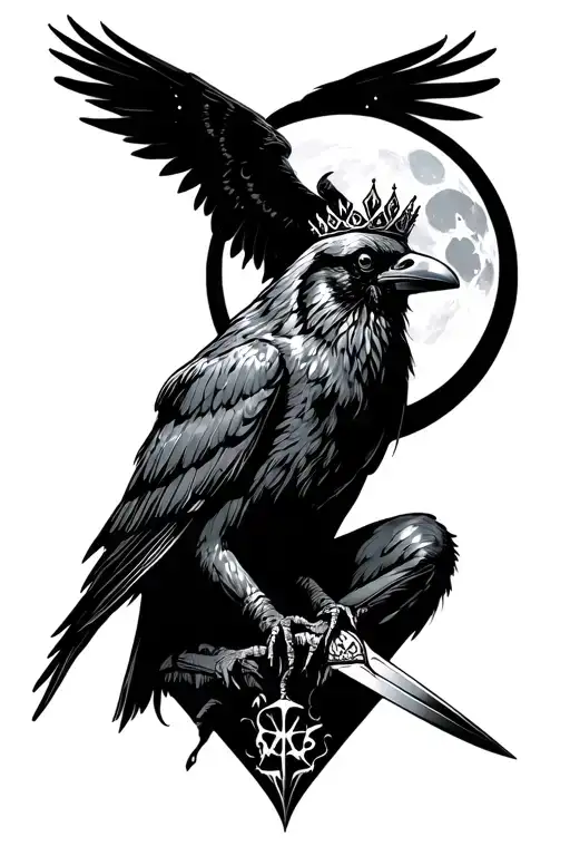 Crow Sitting With Moon Tiara With Dagger Blow Its Feet