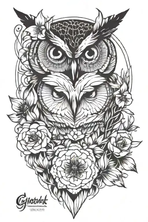 Owl Face With No Geometric Surrounded By Cosmo Flower And Gladiolus Flower