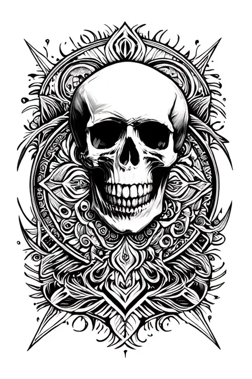 Skull And Circle With Traingle Patterns Surrounding