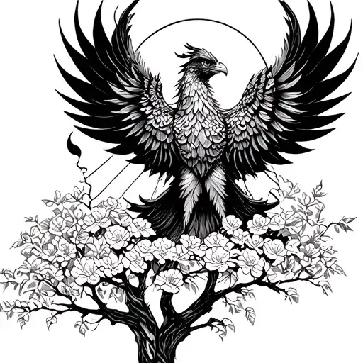 With A Phoenix In Background With A Blooming Tree With Sun Shining Behind The Phoenix