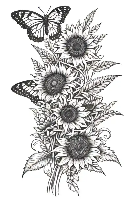Sunflowers Butterflies Wheat Stalk Intertwined