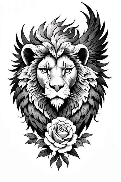 Lion Head Phoenix Tattoo With Roses